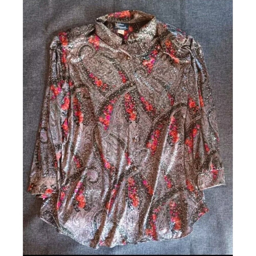Shirt 2X New Womans Silver Threads Paisley Print Long Sleeve